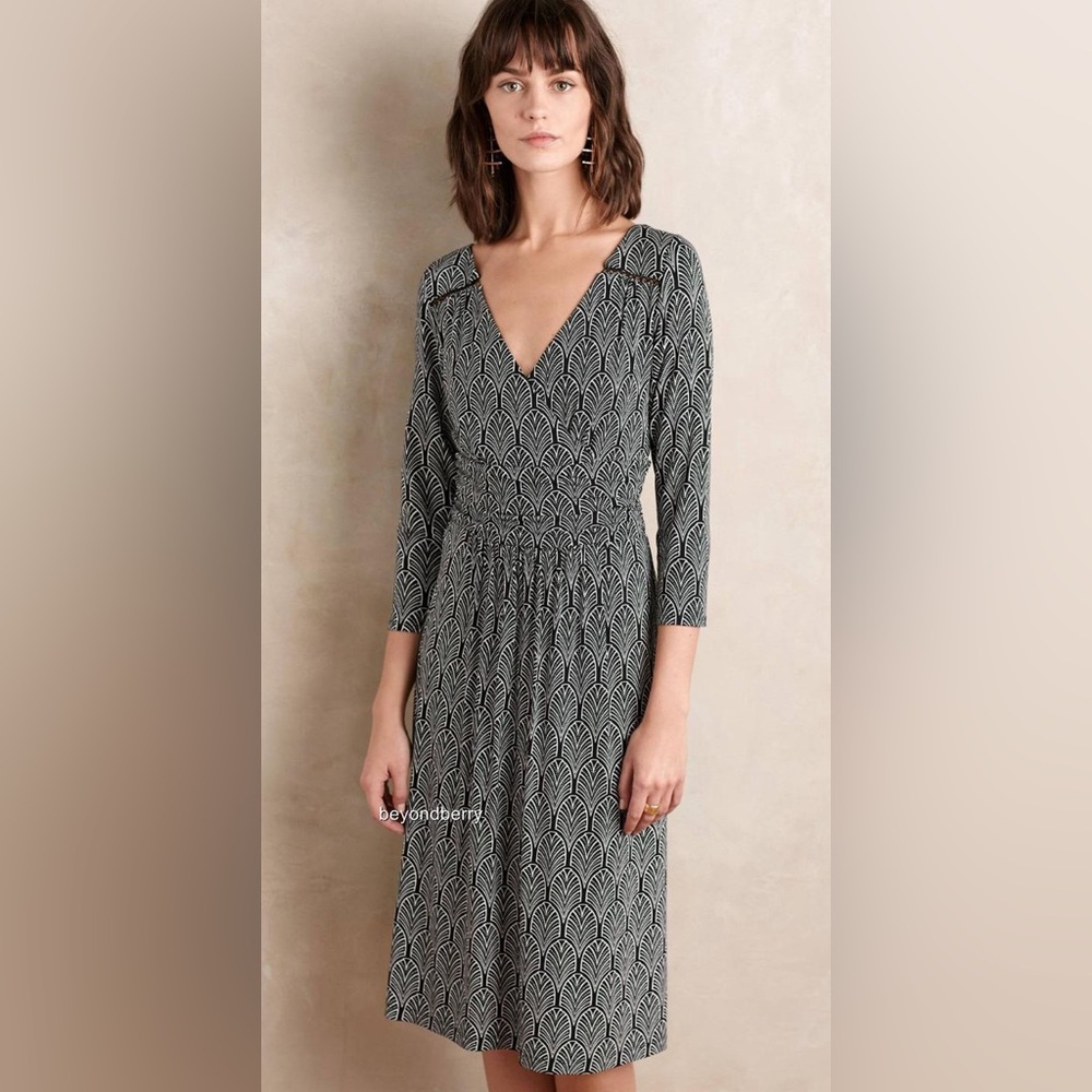 Anthropologie Dress Maeve GALENA Black White Print Midi Medium 3/4 sleeve V Neck